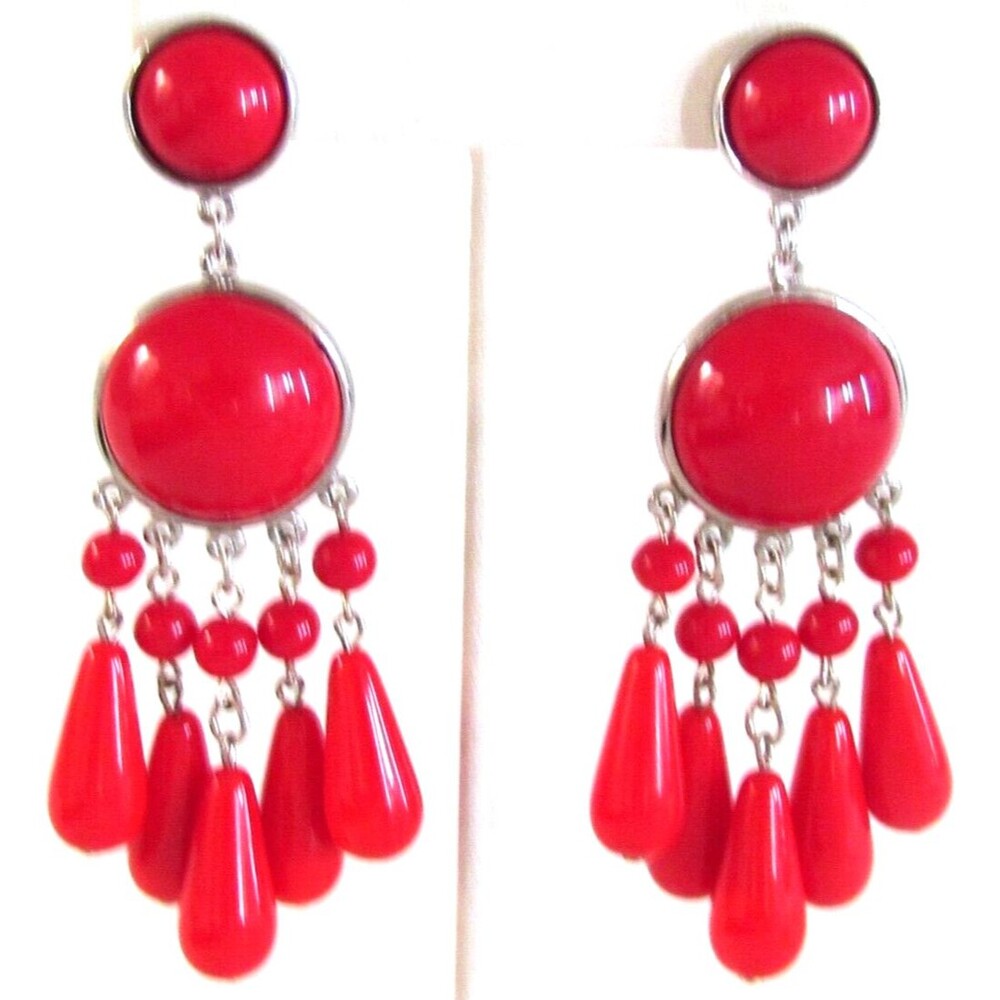 Designer Ben-Amun Red Bead Resin Chandelier 31/2 inches Long Earrings